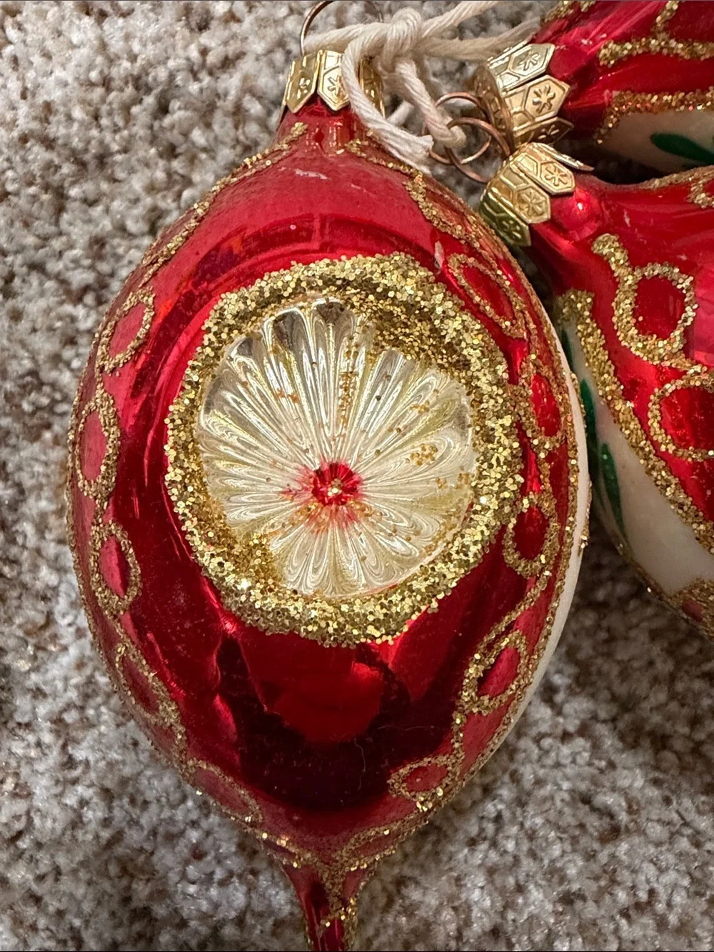 Vintage Polish Glass Christmas Ornaments Indented Reflector Red White 3PC Set
